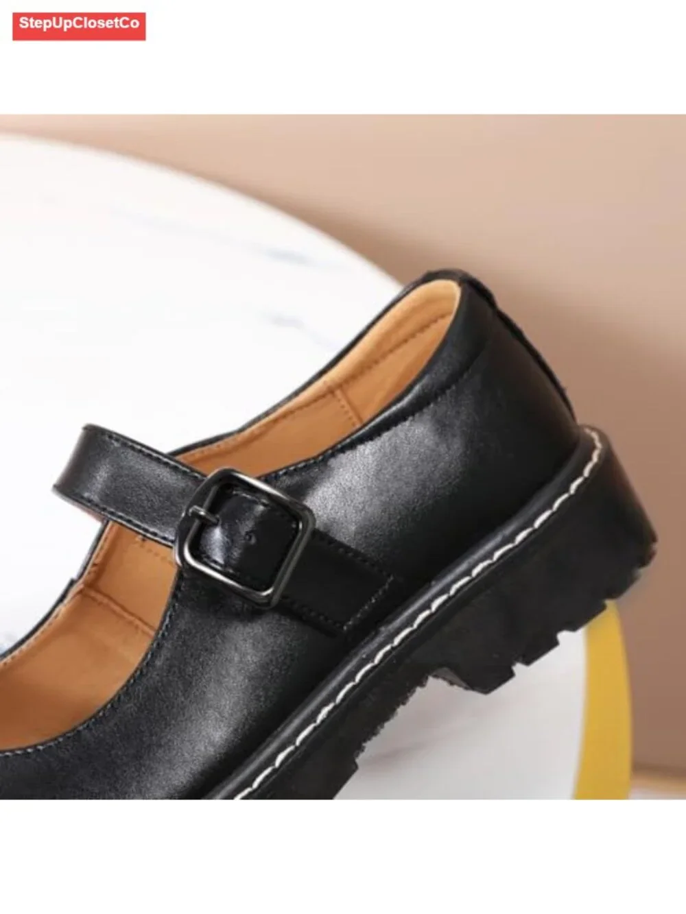 XMM Mary Jane Shoes Women Oxfords Leather Round Toe Flats Non-Slip Ankle Buckle